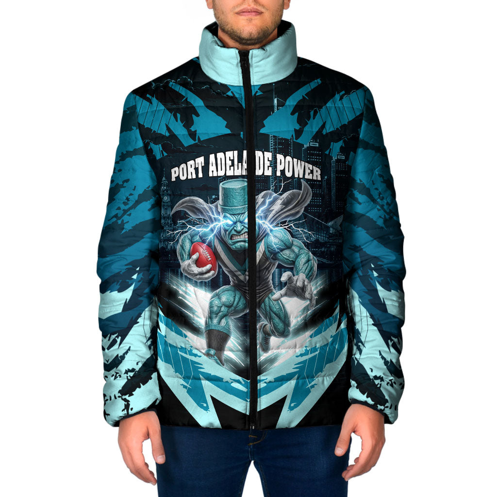 Personalised Port Adelaide Power Football Padded Jacket Teal Lightning Mascot Charging Cityscape