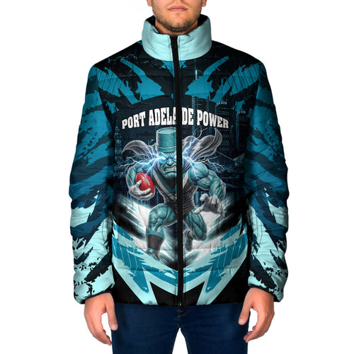 Personalised Port Adelaide Power Football Padded Jacket Teal Lightning Mascot Charging Cityscape