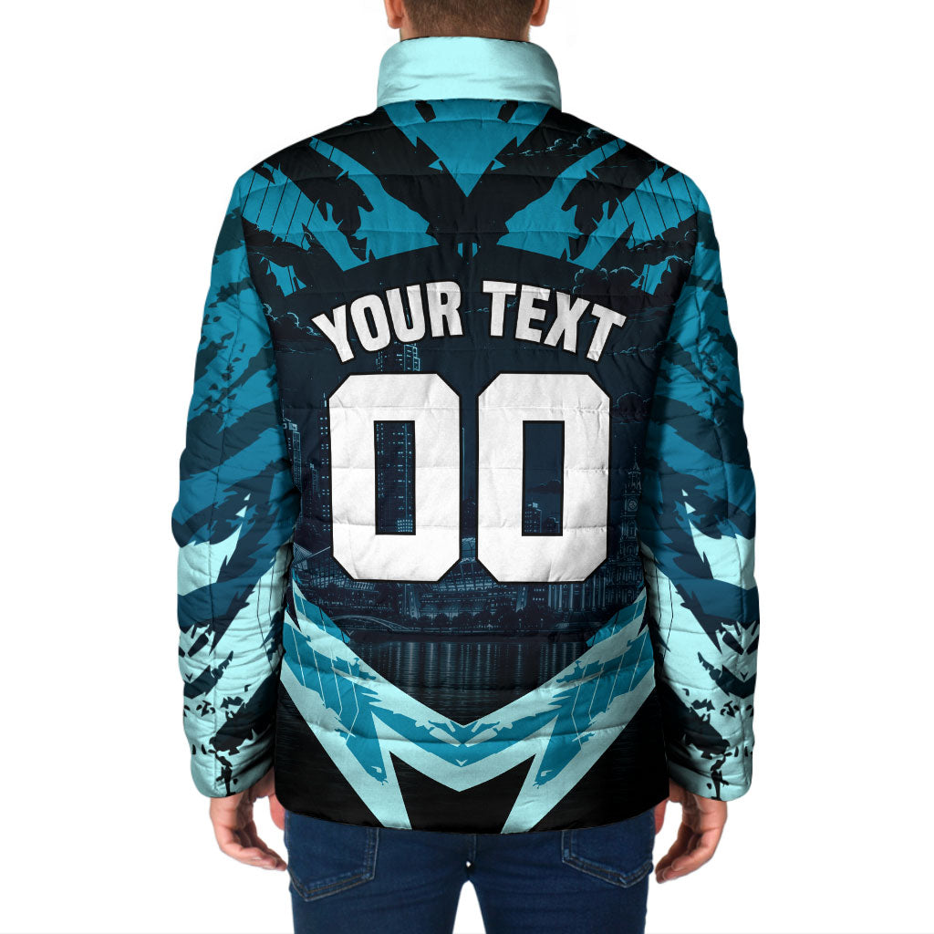 Personalised Port Adelaide Power Football Padded Jacket Teal Lightning Mascot Charging Cityscape