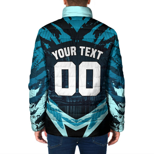 Personalised Port Adelaide Power Football Padded Jacket Teal Lightning Mascot Charging Cityscape