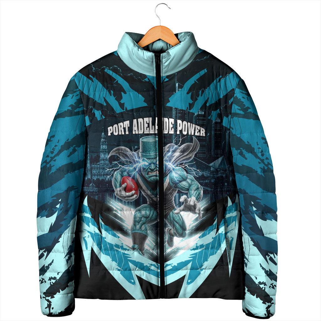 Personalised Port Adelaide Power Football Padded Jacket Teal Lightning Mascot Charging Cityscape