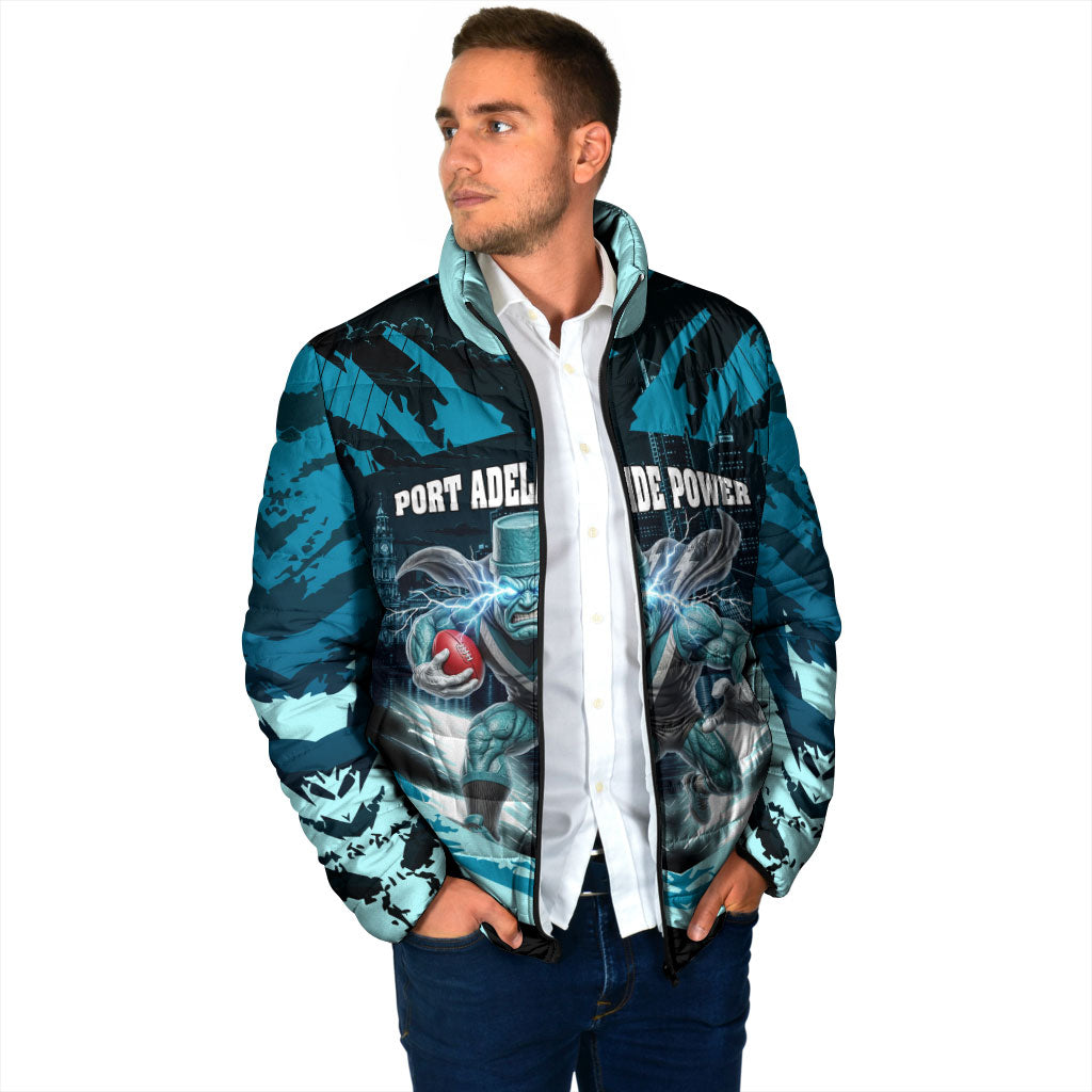 Personalised Port Adelaide Power Football Padded Jacket Teal Lightning Mascot Charging Cityscape