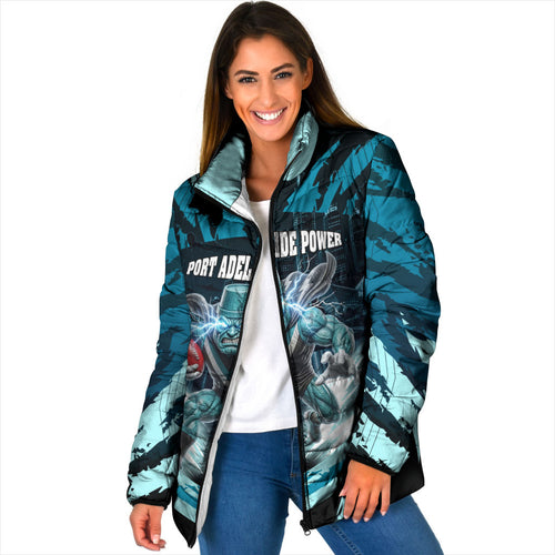 Personalised Port Adelaide Power Football Padded Jacket Teal Lightning Mascot Charging Cityscape