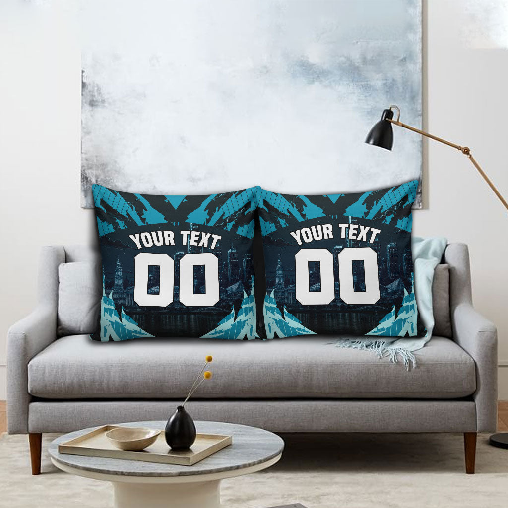 Personalised Port Adelaide Power Football Pillow Cover Teal Lightning Mascot Charging Cityscape