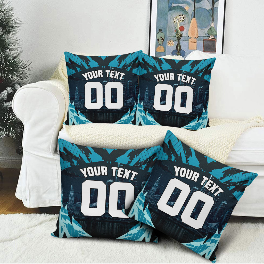 Personalised Port Adelaide Power Football Pillow Cover Teal Lightning Mascot Charging Cityscape