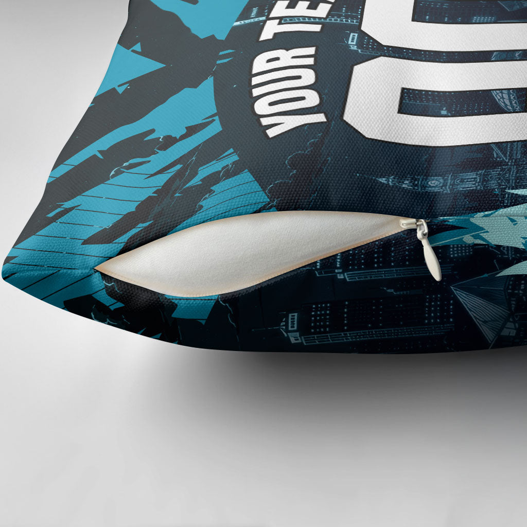 Personalised Port Adelaide Power Football Pillow Cover Teal Lightning Mascot Charging Cityscape