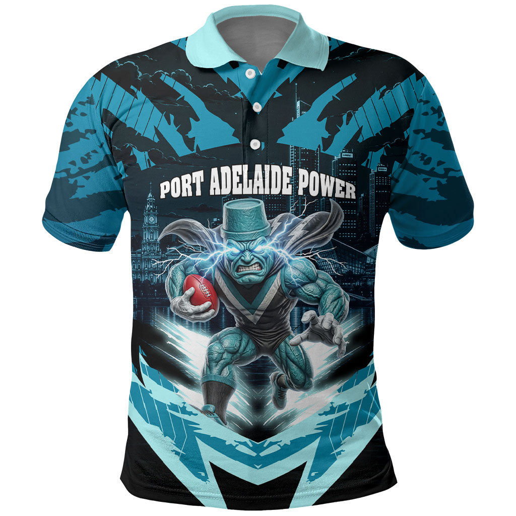 Personalised Port Adelaide Power Football Polo Shirt Teal Lightning Mascot Charging Cityscape