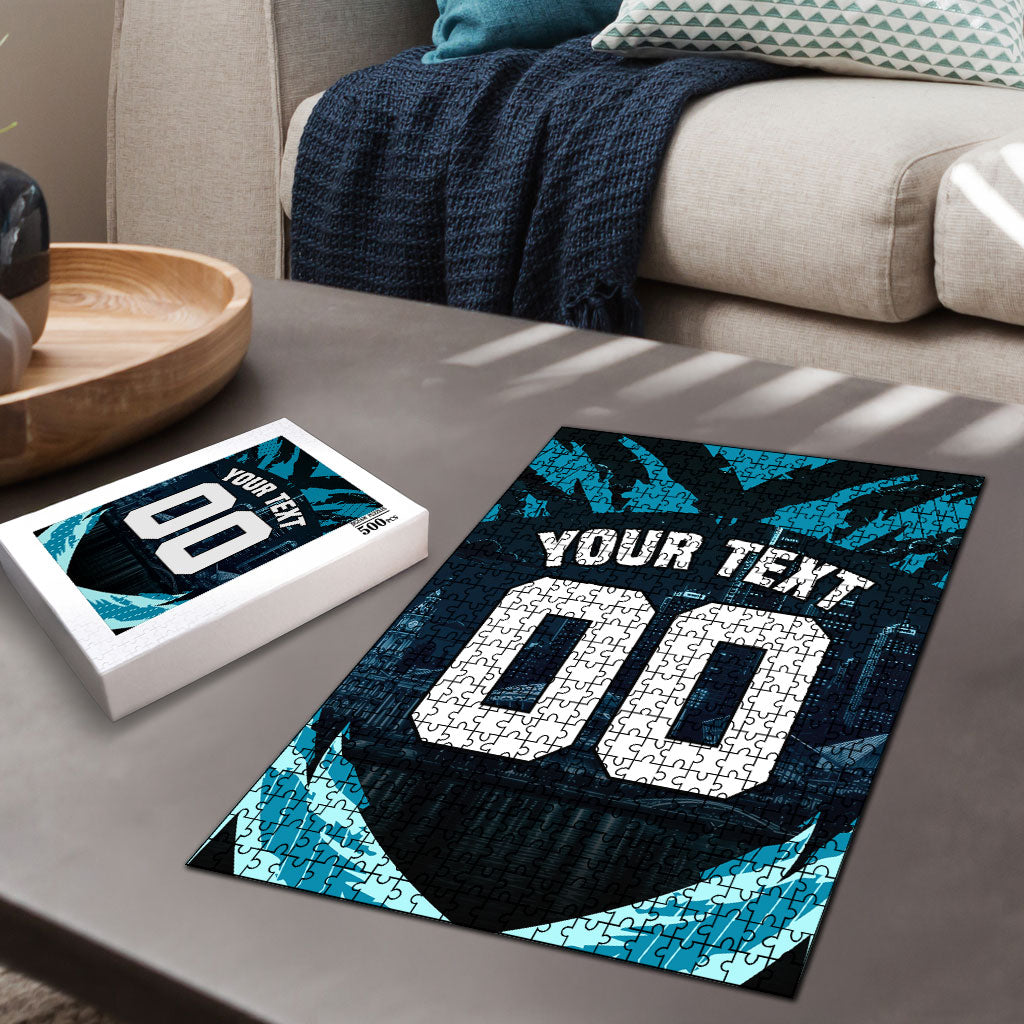 Personalised Port Adelaide Power Football Puzzle Teal Lightning Mascot Charging Cityscape