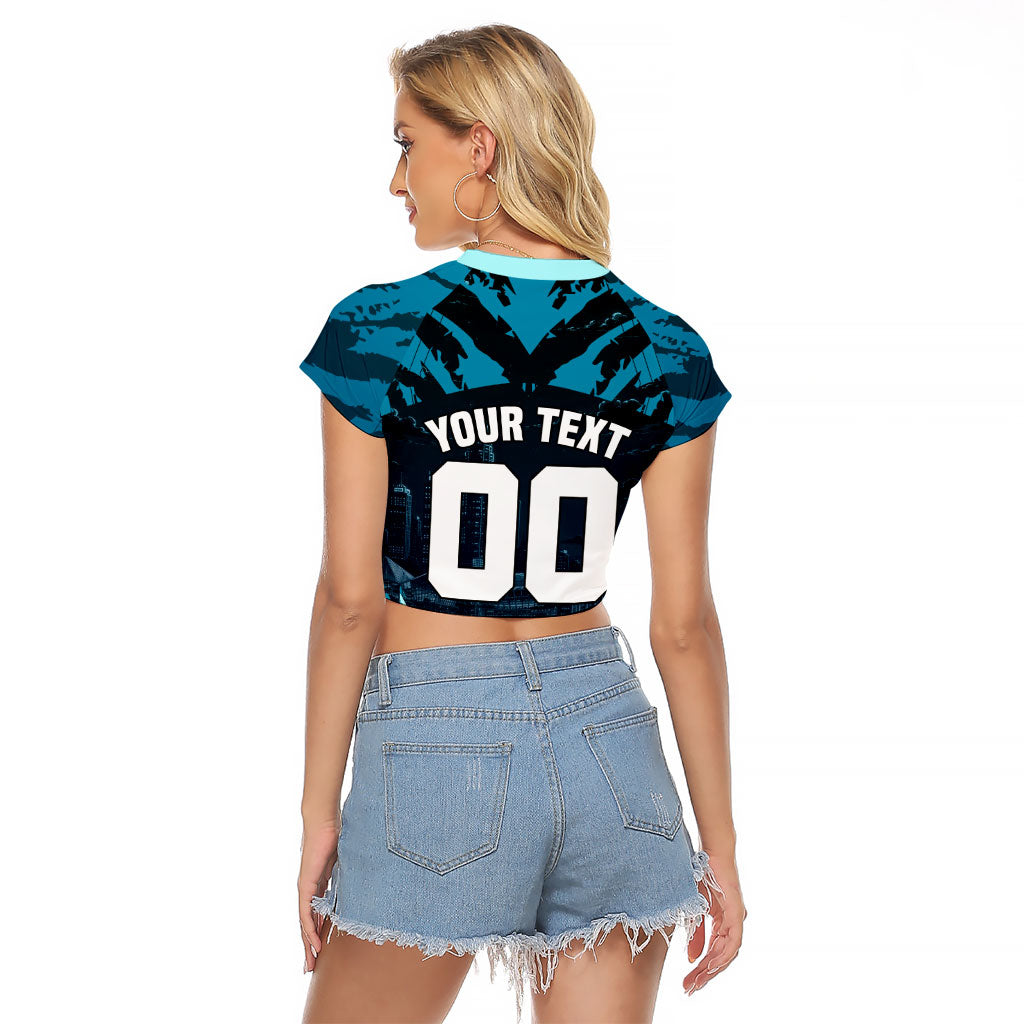 Personalised Port Adelaide Power Football Raglan Cropped T Shirt Teal Lightning Mascot Charging Cityscape
