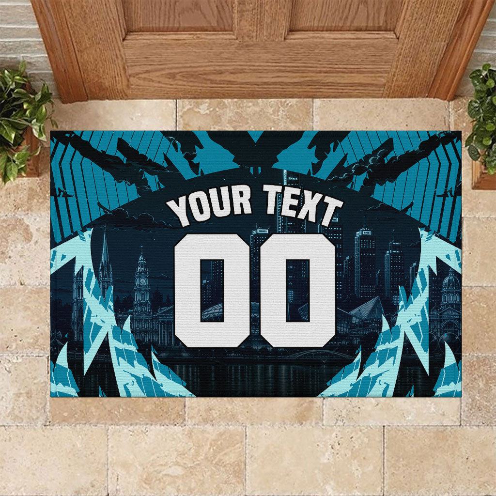 Personalised Port Adelaide Power Football Rubber Doormat Teal Lightning Mascot Charging Cityscape