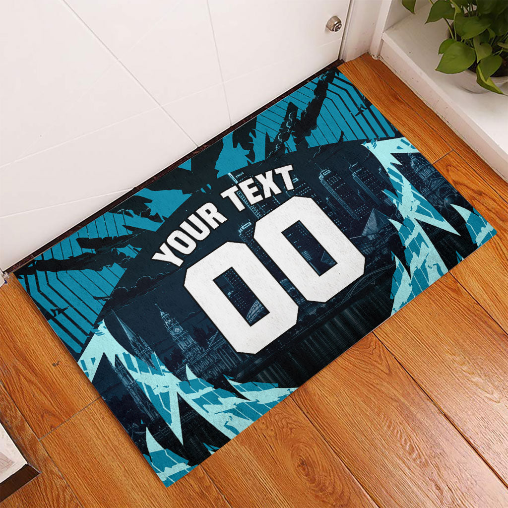 Personalised Port Adelaide Power Football Rubber Doormat Teal Lightning Mascot Charging Cityscape