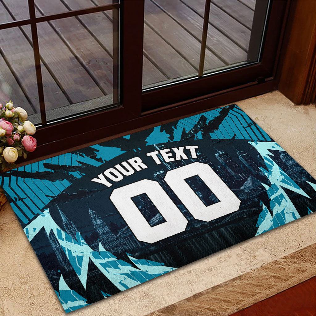 Personalised Port Adelaide Power Football Rubber Doormat Teal Lightning Mascot Charging Cityscape