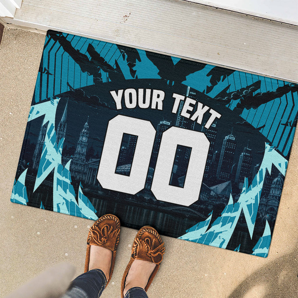 Personalised Port Adelaide Power Football Rubber Doormat Teal Lightning Mascot Charging Cityscape