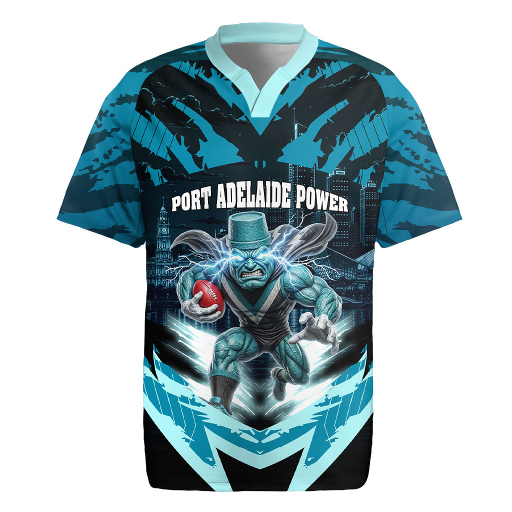 Personalised Port Adelaide Power Football Rugby Jersey Teal Lightning Mascot Charging Cityscape
