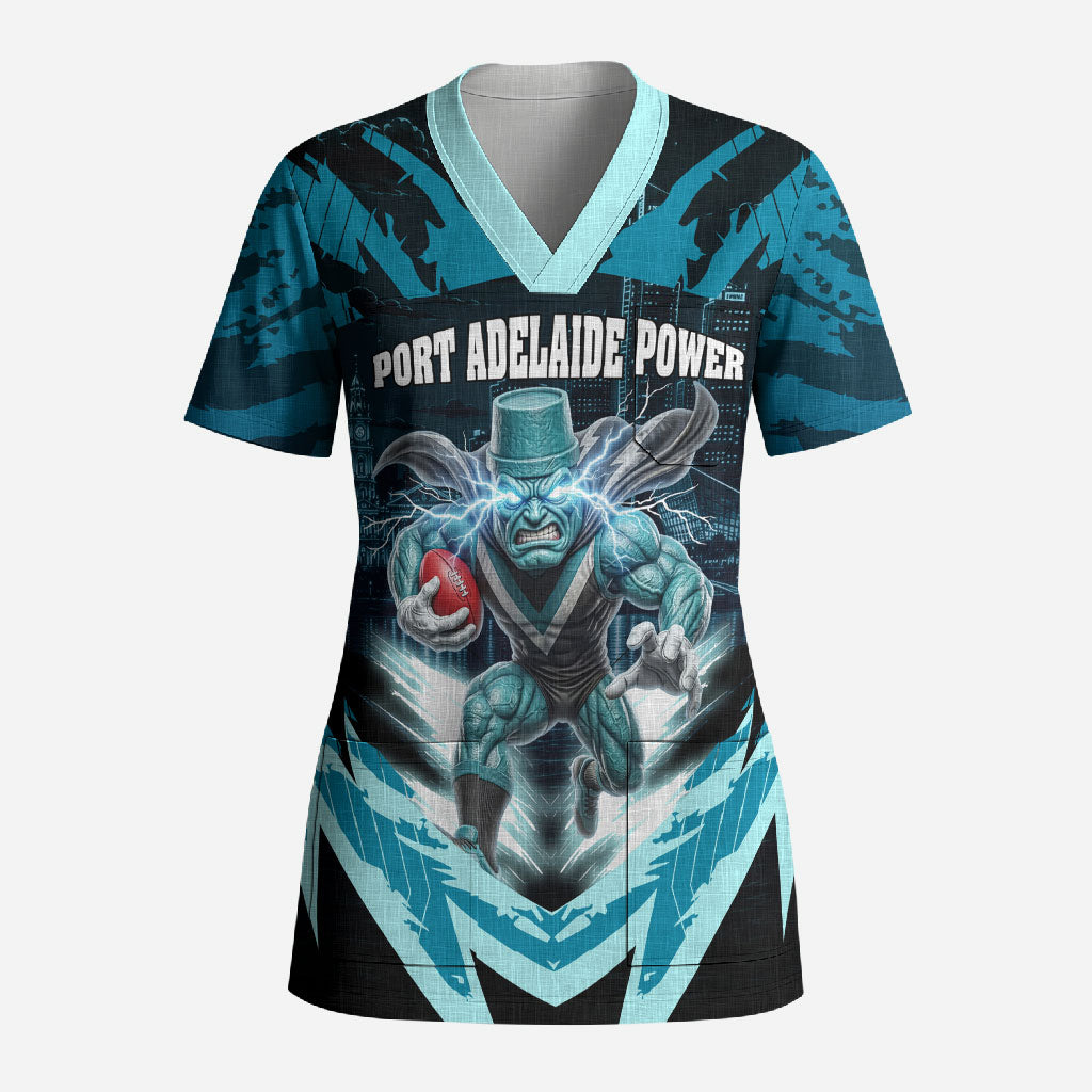 Personalised Port Adelaide Power Football Scrub Top Teal Lightning Mascot Charging Cityscape
