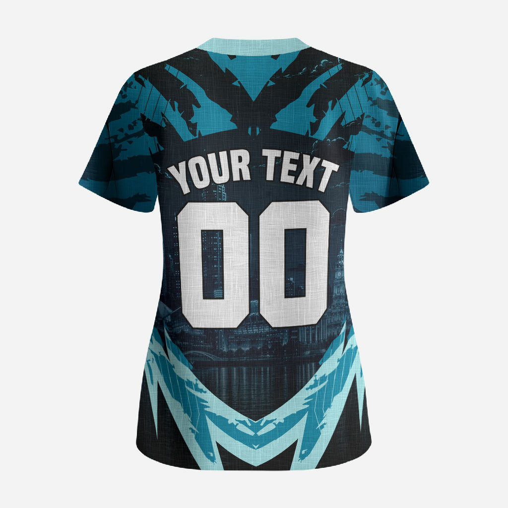 Personalised Port Adelaide Power Football Scrub Top Teal Lightning Mascot Charging Cityscape