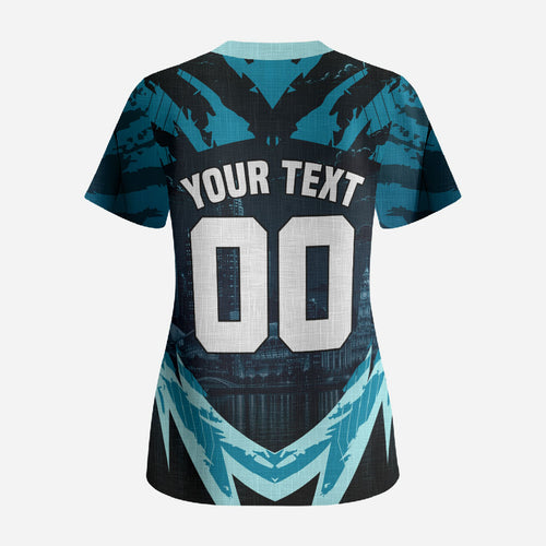 Personalised Port Adelaide Power Football Scrub Top Teal Lightning Mascot Charging Cityscape