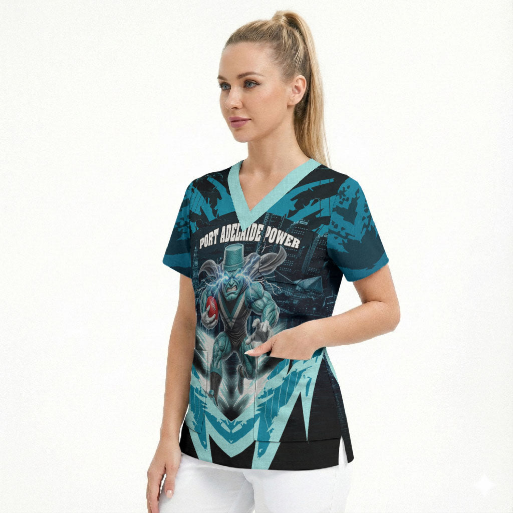 Personalised Port Adelaide Power Football Scrub Top Teal Lightning Mascot Charging Cityscape