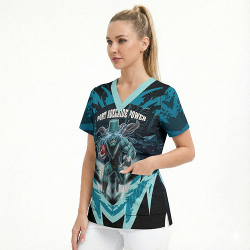 Personalised Port Adelaide Power Football Scrub Top Teal Lightning Mascot Charging Cityscape