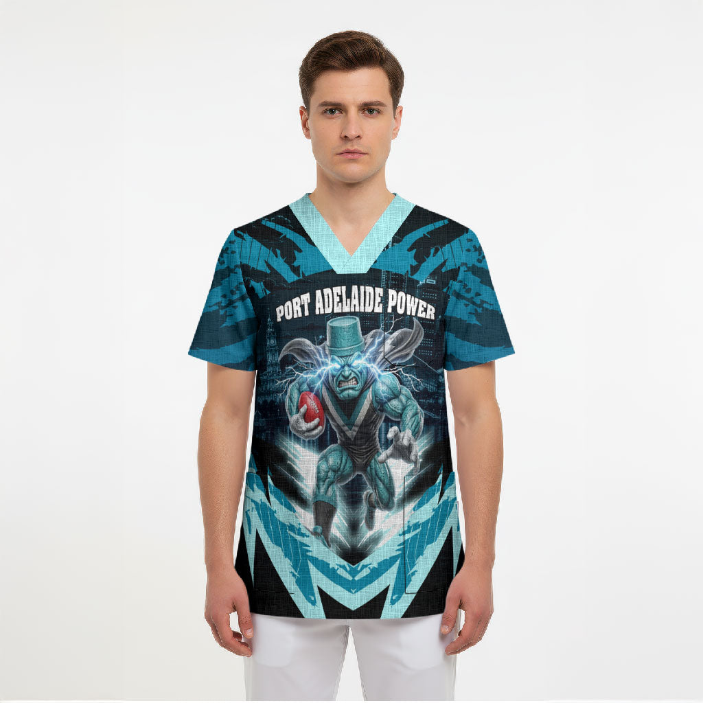 Personalised Port Adelaide Power Football Scrub Top Teal Lightning Mascot Charging Cityscape