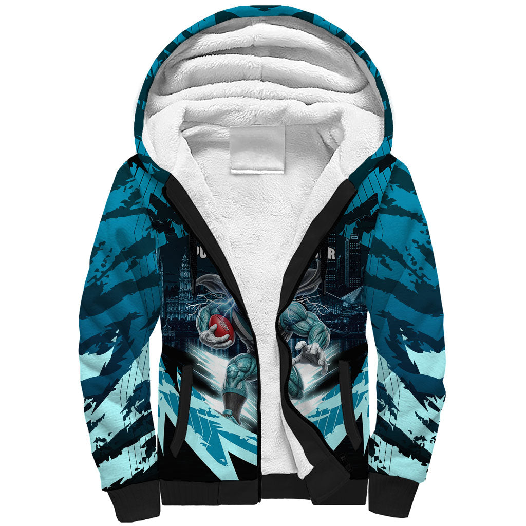 Personalised Port Adelaide Power Football Sherpa Hoodie Teal Lightning Mascot Charging Cityscape