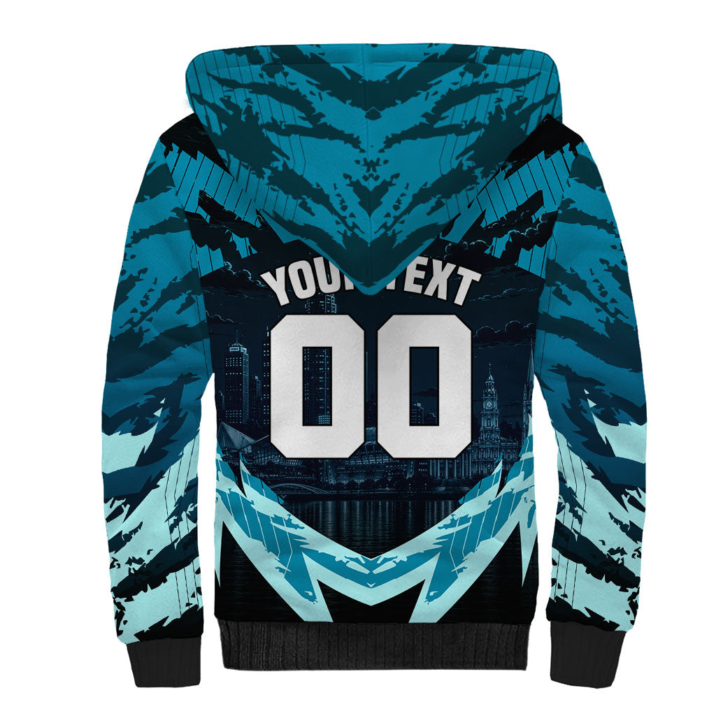 Personalised Port Adelaide Power Football Sherpa Hoodie Teal Lightning Mascot Charging Cityscape