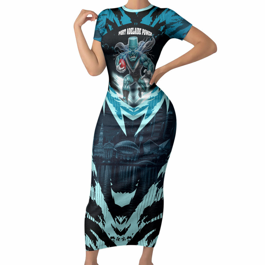 Personalised Port Adelaide Power Football Short Sleeve Bodycon Dress Teal Lightning Mascot Charging Cityscape