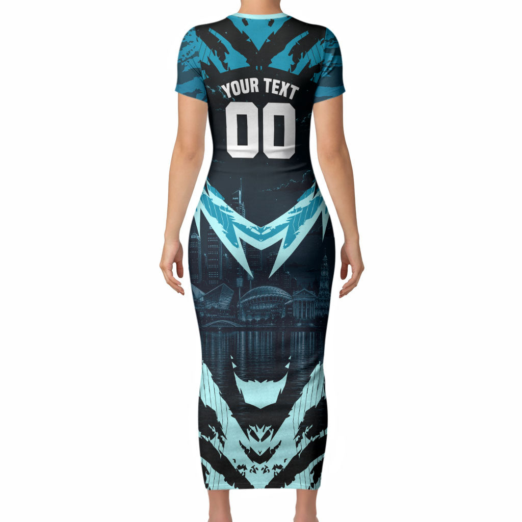 Personalised Port Adelaide Power Football Short Sleeve Bodycon Dress Teal Lightning Mascot Charging Cityscape