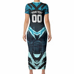 Personalised Port Adelaide Power Football Short Sleeve Bodycon Dress Teal Lightning Mascot Charging Cityscape