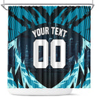 Personalised Port Adelaide Power Football Shower Curtain Teal Lightning Mascot Charging Cityscape