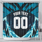 Personalised Port Adelaide Power Football Shower Curtain Teal Lightning Mascot Charging Cityscape