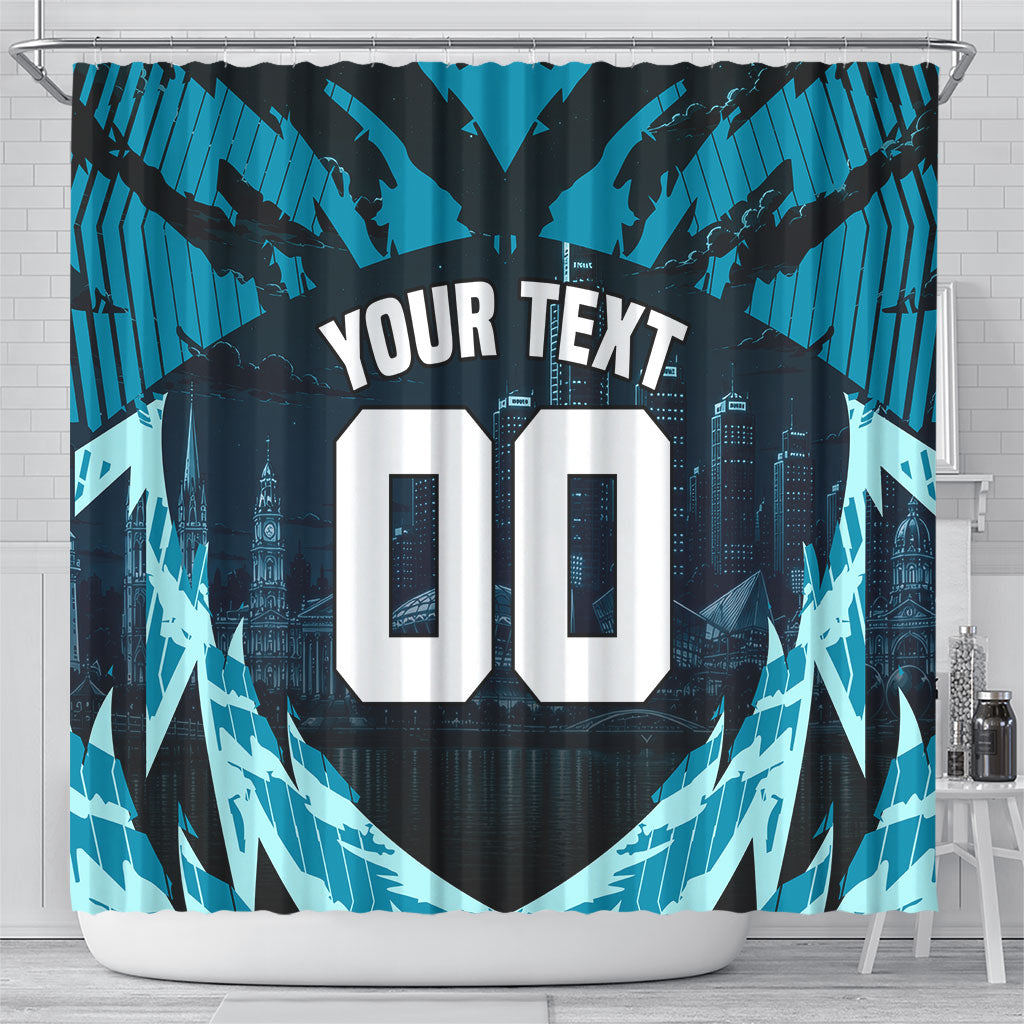 Personalised Port Adelaide Power Football Shower Curtain Teal Lightning Mascot Charging Cityscape