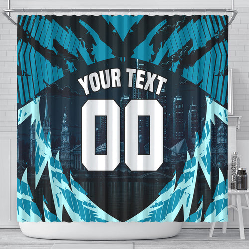 Personalised Port Adelaide Power Football Shower Curtain Teal Lightning Mascot Charging Cityscape
