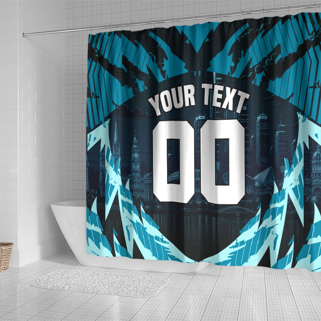 Personalised Port Adelaide Power Football Shower Curtain Teal Lightning Mascot Charging Cityscape