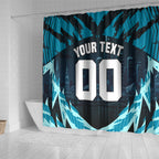 Personalised Port Adelaide Power Football Shower Curtain Teal Lightning Mascot Charging Cityscape