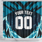 Personalised Port Adelaide Power Football Shower Curtain Teal Lightning Mascot Charging Cityscape