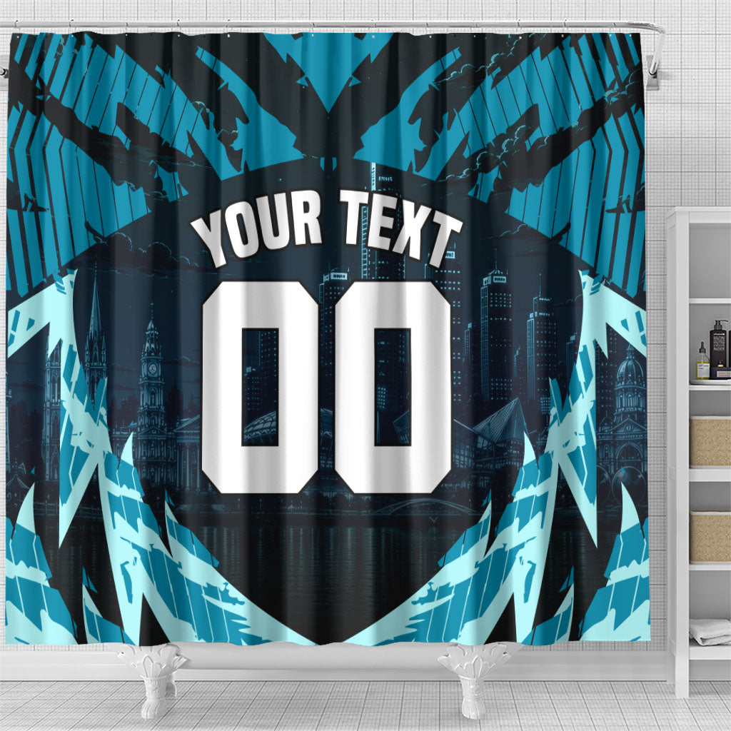 Personalised Port Adelaide Power Football Shower Curtain Teal Lightning Mascot Charging Cityscape