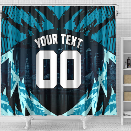 Personalised Port Adelaide Power Football Shower Curtain Teal Lightning Mascot Charging Cityscape
