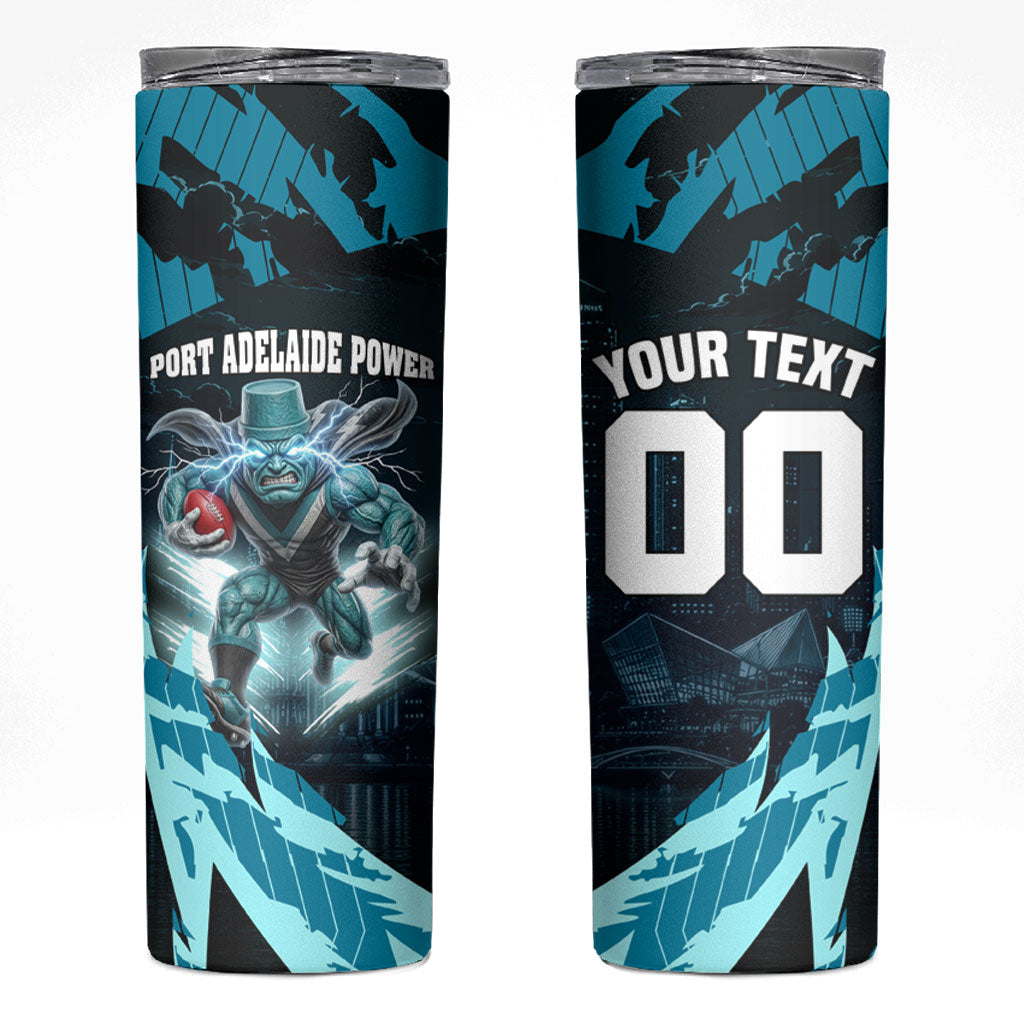 Personalised Port Adelaide Power Football Skinny Tumbler Teal Lightning Mascot Charging Cityscape