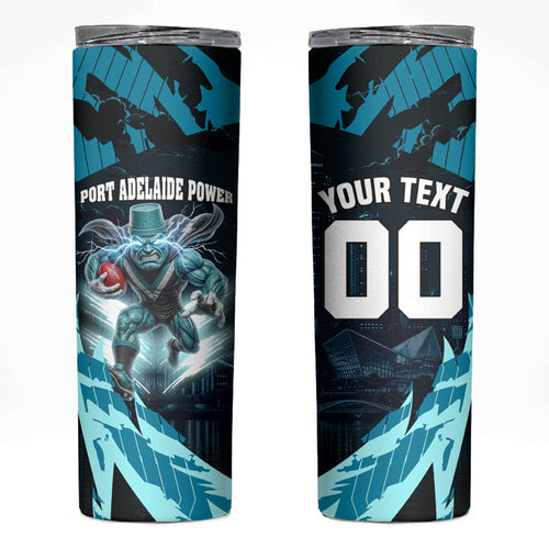 Personalised Port Adelaide Power Football Skinny Tumbler Teal Lightning Mascot Charging Cityscape