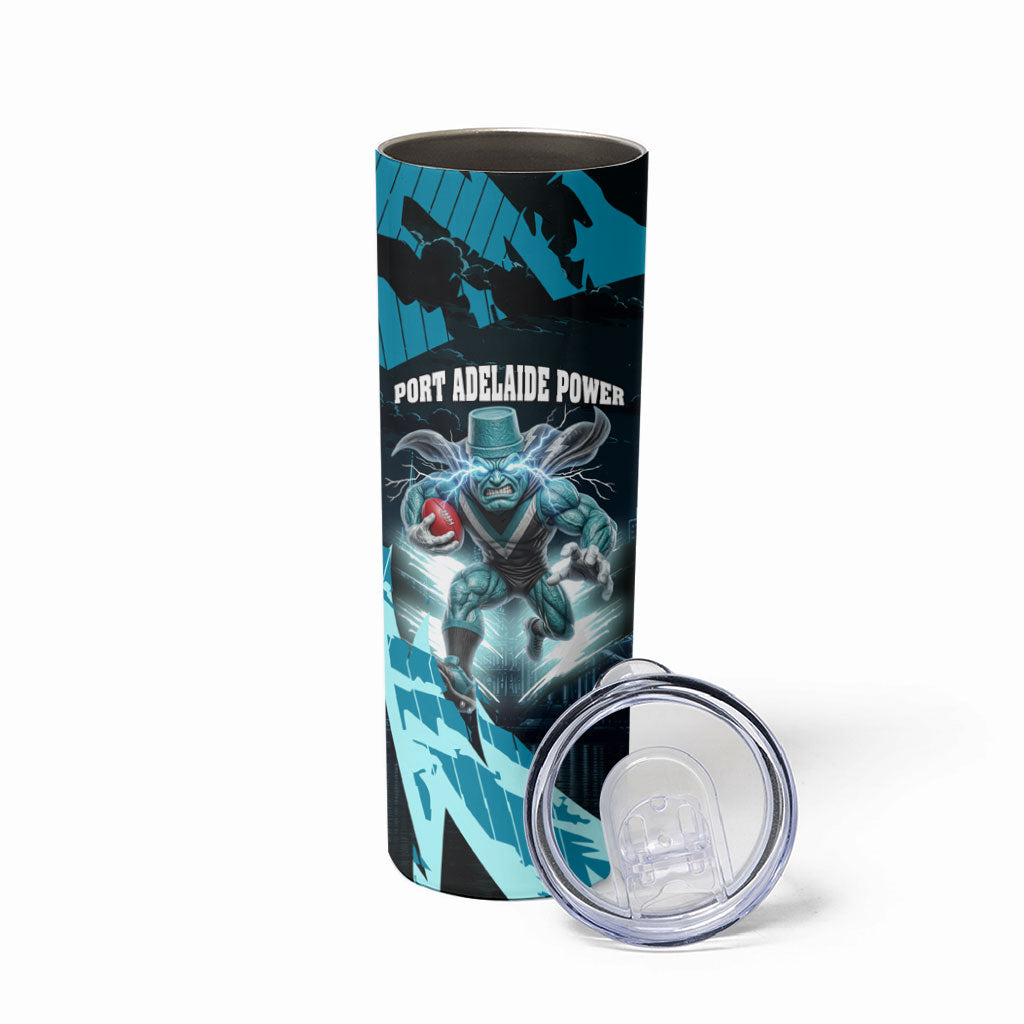 Personalised Port Adelaide Power Football Skinny Tumbler Teal Lightning Mascot Charging Cityscape