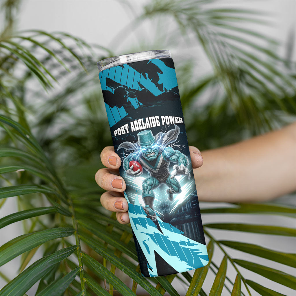 Personalised Port Adelaide Power Football Skinny Tumbler Teal Lightning Mascot Charging Cityscape