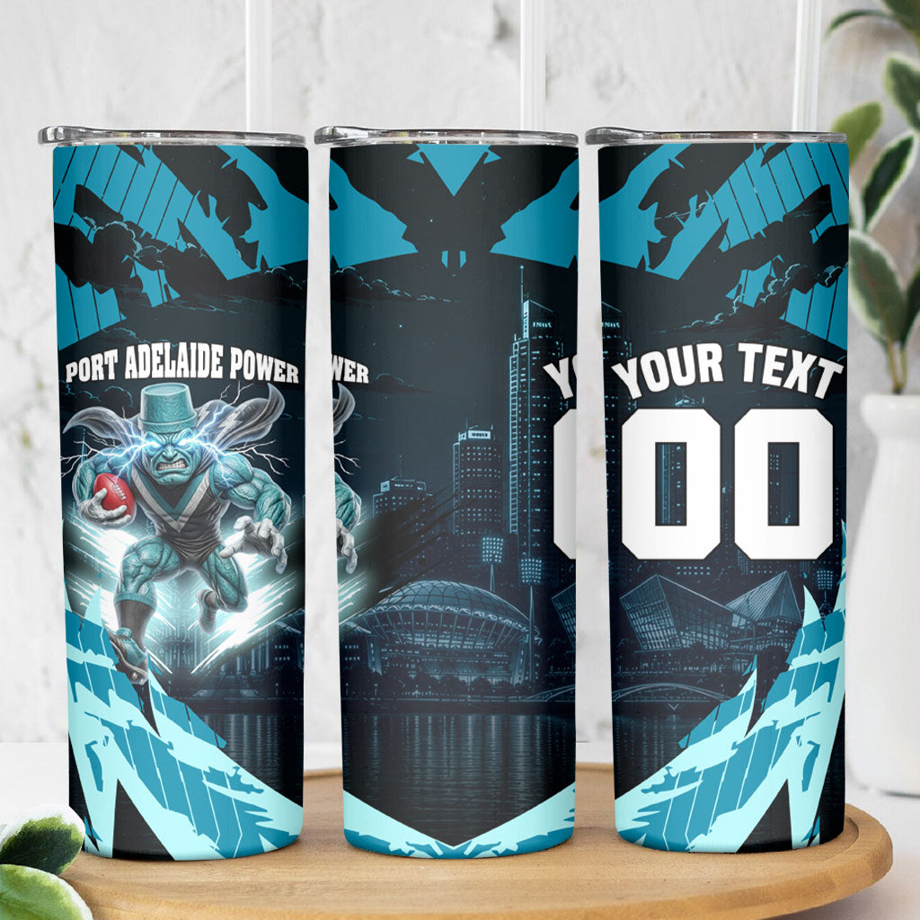 Personalised Port Adelaide Power Football Skinny Tumbler Teal Lightning Mascot Charging Cityscape