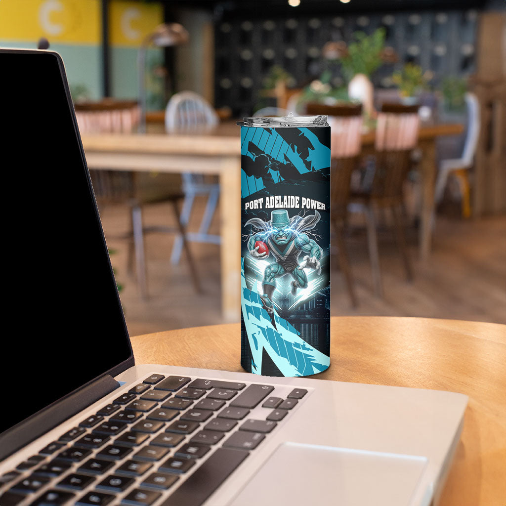 Personalised Port Adelaide Power Football Skinny Tumbler Teal Lightning Mascot Charging Cityscape