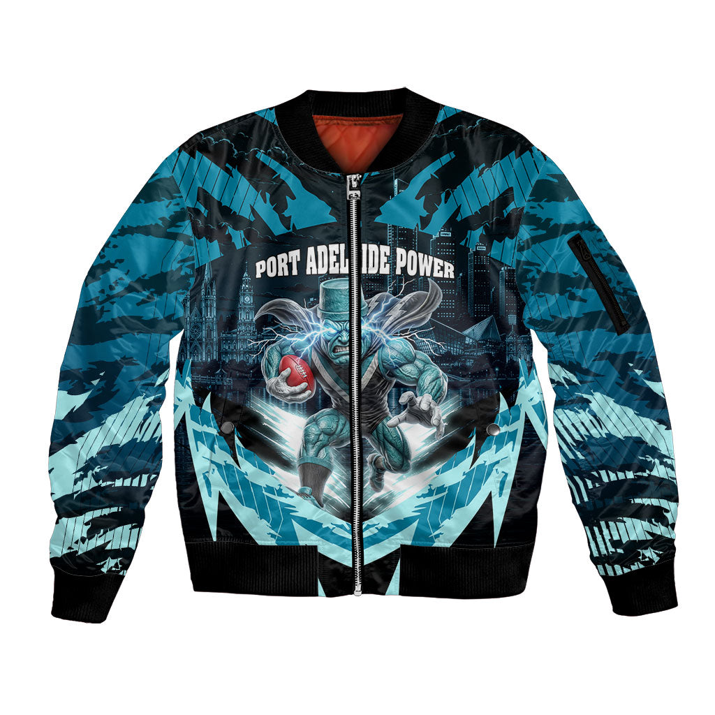 Personalised Port Adelaide Power Football Sleeve Zip Bomber Jacket Teal Lightning Mascot Charging Cityscape