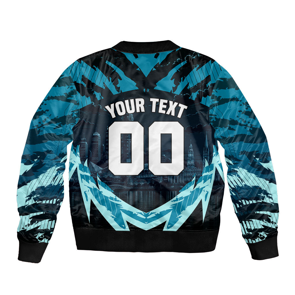 Personalised Port Adelaide Power Football Sleeve Zip Bomber Jacket Teal Lightning Mascot Charging Cityscape