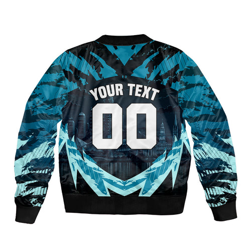 Personalised Port Adelaide Power Football Sleeve Zip Bomber Jacket Teal Lightning Mascot Charging Cityscape