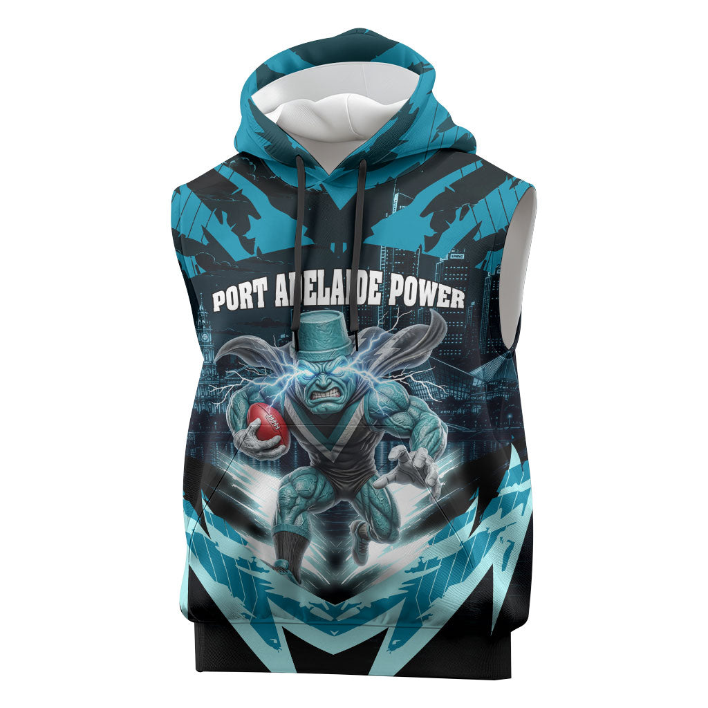 Personalised Port Adelaide Power Football Sleeveless Hoodie Teal Lightning Mascot Charging Cityscape