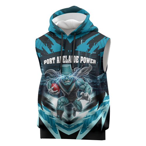 Personalised Port Adelaide Power Football Sleeveless Hoodie Teal Lightning Mascot Charging Cityscape