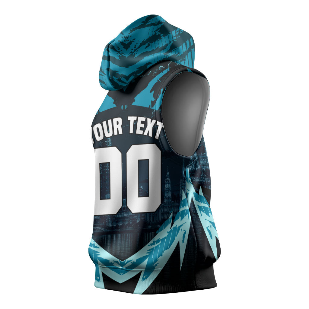 Personalised Port Adelaide Power Football Sleeveless Hoodie Teal Lightning Mascot Charging Cityscape
